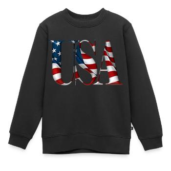 USA Text - Kids Premium Organic Sweatshirt - black - Front - AI Model Kid Female (0cm)