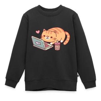 Chat tigré mignon se relaxant avec ordinateur portable et thé boba - Sweat Premium enfant bio - noir - Devant - AI Model Kid Female (0cm)