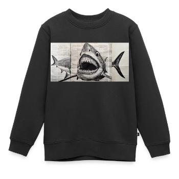 Weißer Hai - Tuschezeichnung auf altem Zeitungspapier - Kinder Premium Organic Sweatshirt - Schwarz - Vorne - AI Model Kid Female (0cm)