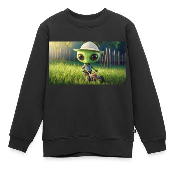 niedliches kleines grünes Retro Alien Rasen mähen - Kinder Premium Organic Sweatshirt - Schwarz - Vorne - AI Model Kid Female (0cm)