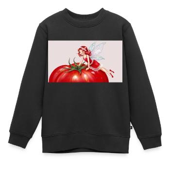 a red and white fairy sitting on a tomato - Kids Premium Organic Sweatshirt - black - Front - AI Model Kid Female (0cm)