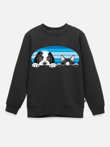 Glurende Sint Bernard puppy hond en schattige kat - Kinder Premium sweater biologisch - zwart