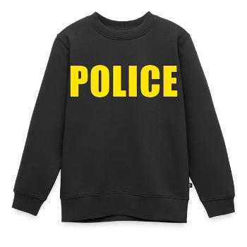 Police, lettrage de police en jaune - Sweat Premium enfant bio - noir - Devant - AI Model Kid Female (0cm)