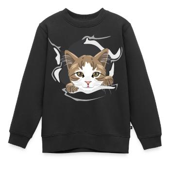 Glückliche Katze späht durch zerrissenes Papier - Kinder Premium Organic Sweatshirt - Schwarz - Vorne - AI Model Kid Female (0cm)