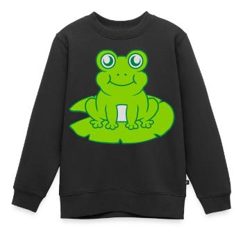 Frosch sitzt Seerose Seeblatt - Kinder Premium Organic Sweatshirt - Schwarz - Vorne - AI Model Kid Female (0cm)