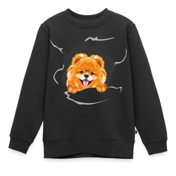 Lächelnder Pommerscher Hund guckt durch zerrissenes Papier - Kinder Premium Organic Sweatshirt - Schwarz - Vorne - AI Model Kid Female (0cm)
