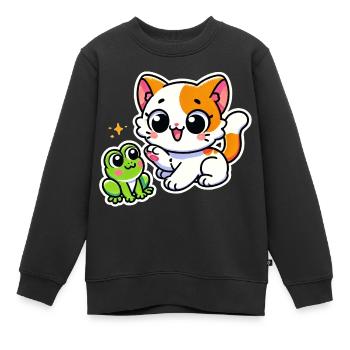 Niedliche rotweiße Katze traf auf einen Frosch - Kinder Premium Organic Sweatshirt - Schwarz - Vorne - AI Model Kid Female (0cm)