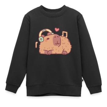 Capybara mignon avec des écouteurs se relaxant sur la musique - Sweat Premium enfant bio - noir - Devant - AI Model Kid Female (0cm)