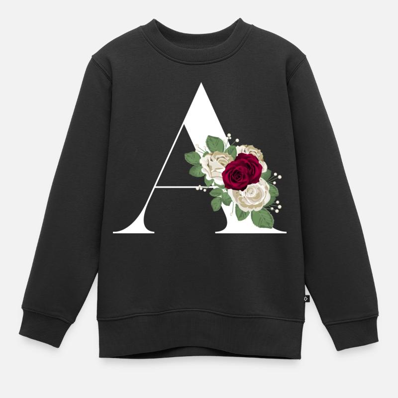 lettre A fleuris (blanche) - Sweat Premium enfant bio - noir