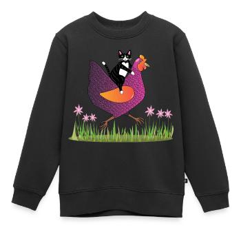 Hen Rider - Katze auf Huhn - Geschenkidee - Kinder Premium Organic Sweatshirt - Schwarz - Vorne - AI Model Kid Female (0cm)