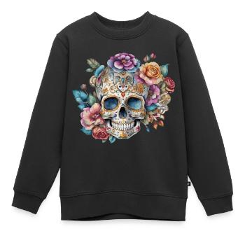 skull, romantisch, blume, vintage, rose, tatoo art - Kinder Premium Organic Sweatshirt - Schwarz - Vorne - AI Model Kid Female (0cm)