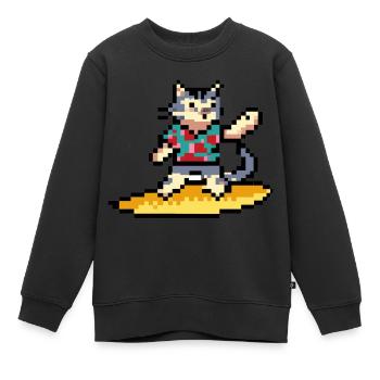 Chat qui fait du surf, pixel art - Sweat Premium enfant bio - noir - Devant - AI Model Kid Female (0cm)
