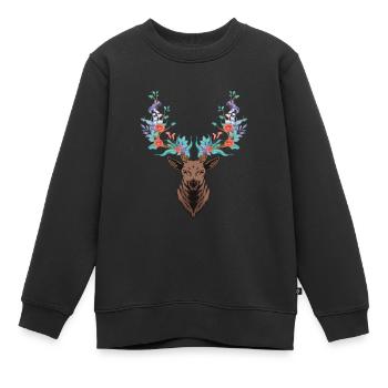 Hirsch. Geweih. Blumen. - Kinder Premium Organic Sweatshirt - Schwarz - Vorne - AI Model Kid Female (0cm)