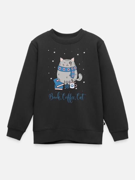 book coffee cat, buch kaffee katze - Kinder Premium Organic Sweatshirt - Schwarz