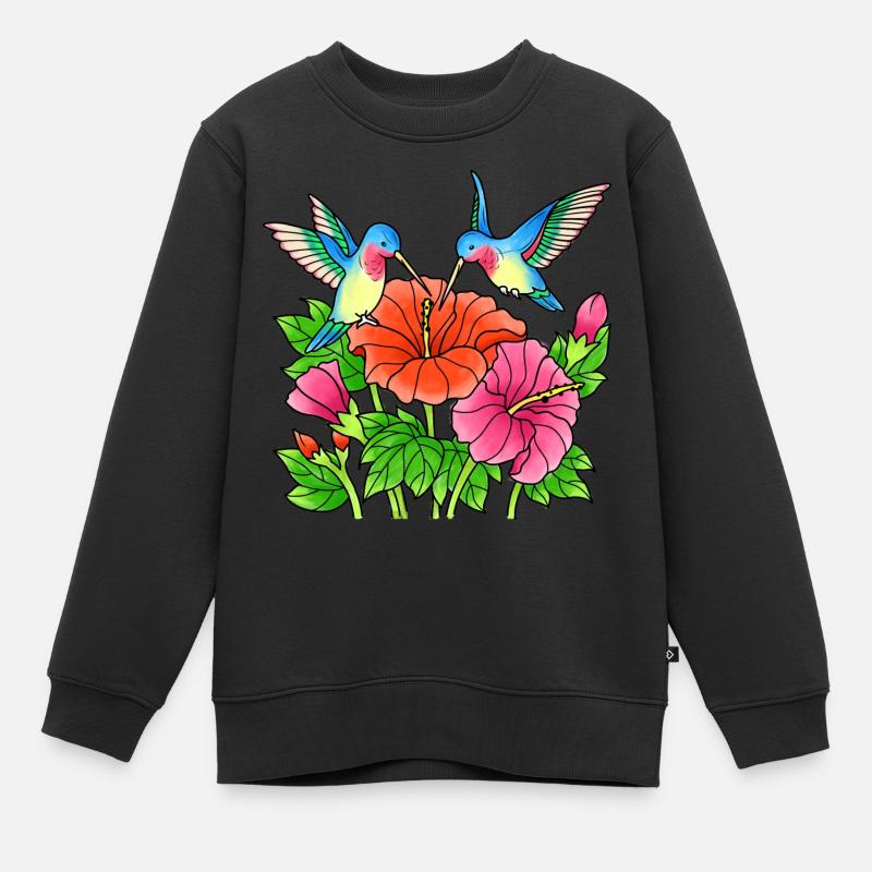 Colibri Oiseaux Fleurs colorées - Sweat Premium enfant bio - noir