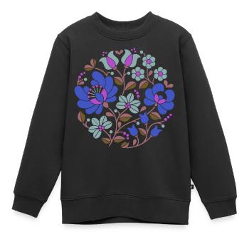 Fleurs hongroises, bleu, fleurs colorées, vrilles, fleur - Sweat Premium enfant bio - noir - Devant - AI Model Kid Female (0cm)