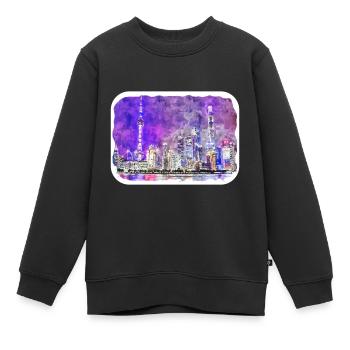 Shanghai China Aquarellskizze gezeichnete Zeichnung - Kinder Premium Organic Sweatshirt - Schwarz - Vorne - AI Model Kid Female (0cm)