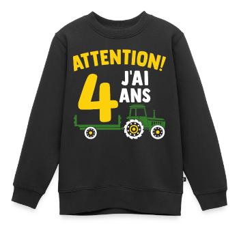 Attention j'ai 4 ans enfant cadeau 4 ans tracteur - Sweat Premium enfant bio - noir - Devant - AI Model Kid Female (0cm)