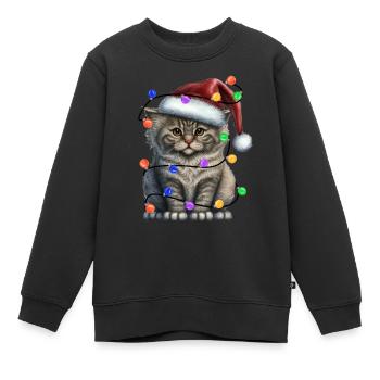 Katze mit Weihnachtmütze und Lichter - Kinder Premium Organic Sweatshirt - Schwarz - Vorne - AI Model Kid Female (0cm)