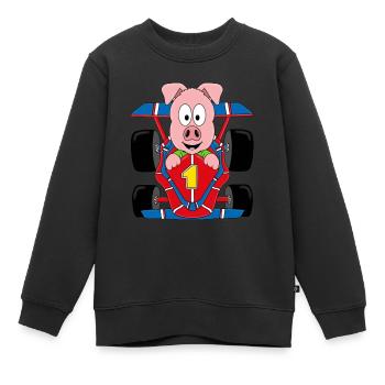 SCHWEIN - AUTO - RENNWAGEN - AUTORENNEN - TIER - Kinder Premium Organic Sweatshirt - Schwarz - Vorne - AI Model Kid Female (0cm)