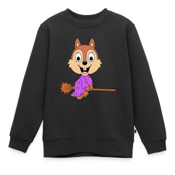 EICHHÖRNCHEN - HEXE - HEXENBESEN - TIER - Kinder Premium Organic Sweatshirt - Schwarz - Vorne - AI Model Kid Female (0cm)