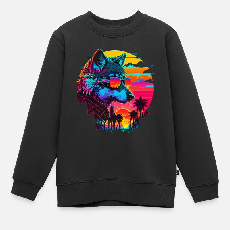 Wolf Retro Illustration Synthwave Art - Sweat Premium enfant bio - noir