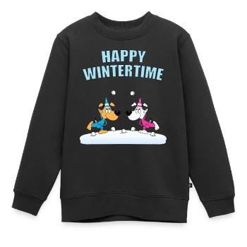 HAPPY WINTERTIME - HUNDE - SCHNEEBALLSCHLACHT - Kinder Premium Organic Sweatshirt - Schwarz - Vorne - AI Model Kid Female (0cm)