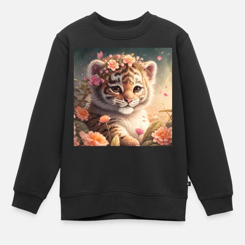 Bébé tigre avec des fleurs - Sweat Premium enfant bio - noir