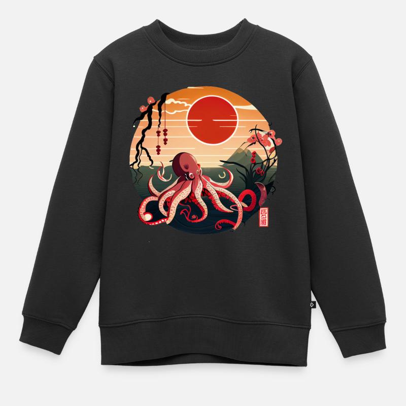 Art japonais, Poulpe dans la mer avec Waves Comic - Sweat Premium enfant bio - noir