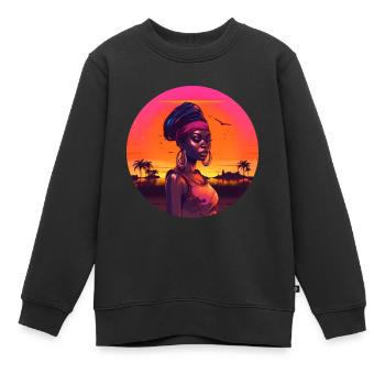 Synthwave femme africaine traditionnelle - Sweat Premium enfant bio - noir - Devant - AI Model Kid Female (0cm)