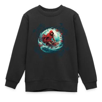 Le Petit Chaperon Rouge surfant sur planche de surf, loup sur vague - Sweat Premium enfant bio - noir - Devant - AI Model Kid Female (0cm)