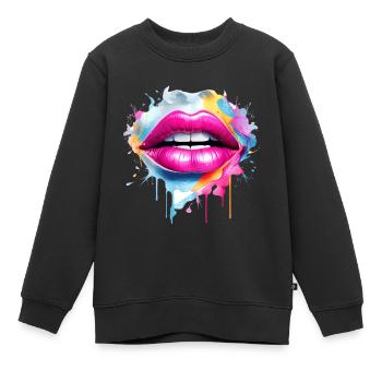 Bunte Lippen Kussmund Frauengesicht Geschenk - Kinder Premium Organic Sweatshirt - Schwarz - Vorne - AI Model Kid Female (0cm)