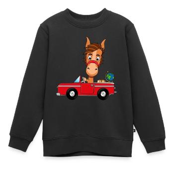 PFERD - AUTO - REISE - WELTENBUMMLER - PONY - Kinder Premium Organic Sweatshirt - Schwarz - Vorne - AI Model Kid Female (0cm)