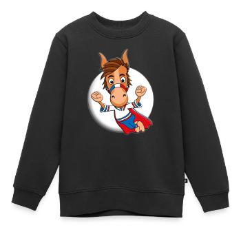 PFERD - SUPERHELD - MONDSCHEIN - HELD - PONY - Kinder Premium Organic Sweatshirt - Schwarz - Vorne - AI Model Kid Female (0cm)