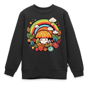 Herbst-Regenbogenpilz im Kawaii-Garten - Kinder Premium Organic Sweatshirt - Schwarz - Vorne - AI Model Kid Female (0cm)