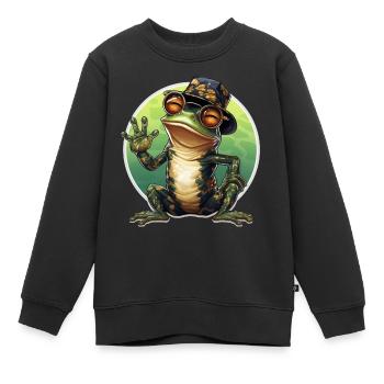 happy cooler Frosch mit Brille und Hut beim winken - Kinder Premium Organic Sweatshirt - Schwarz - Vorne - AI Model Kid Female (0cm)