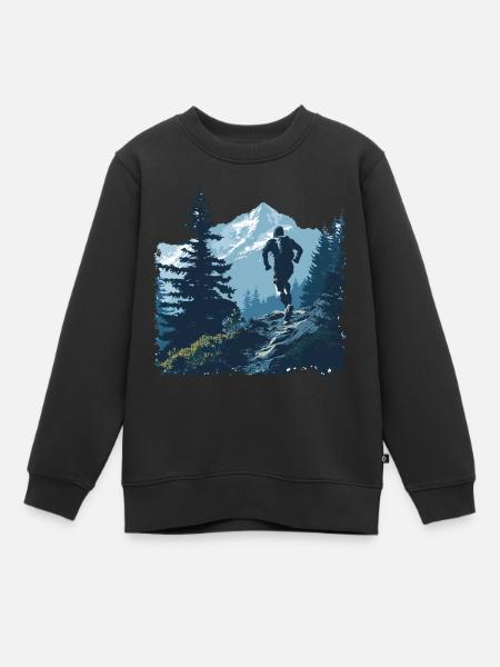 Un coureur trail sur un sentier en montagne - Sweat Premium enfant bio - noir