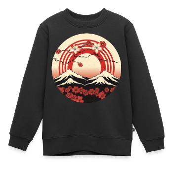 Montagnes de Kyoto : cerisiers en fleurs et drapeau - Sweat Premium enfant bio - noir - Devant - AI Model Kid Female (0cm)