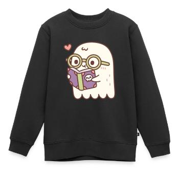 Niedlicher Geist, der ein Buch mit einem Totenkopf liest - Kinder Premium Organic Sweatshirt - Schwarz - Vorne - AI Model Kid Female (0cm)
