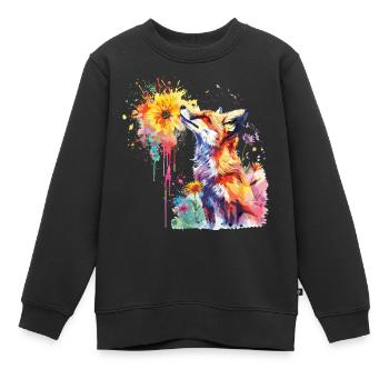 Fuchs mit Aquarellblume, Fuchs - Kinder Premium Organic Sweatshirt - Schwarz - Vorne - AI Model Kid Female (0cm)