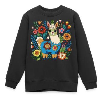 Bébé alpaga dans un massif de fleurs - Sweat Premium enfant bio - noir - Devant - AI Model Kid Female (0cm)