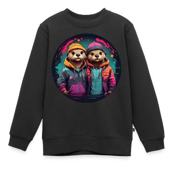 Zwei Fischotter in Streetwear - Kinder Premium Organic Sweatshirt - Schwarz - Vorne - AI Model Kid Female (0cm)
