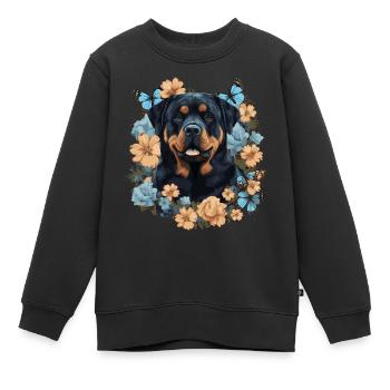 Chien rottweiler avec des fleurs - Sweat Premium enfant bio - noir - Devant - AI Model Kid Female (0cm)