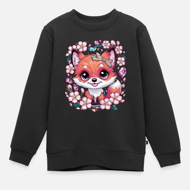 Renard kawaii avec fleurs de cerisier Sakura - Sweat Premium enfant bio - noir