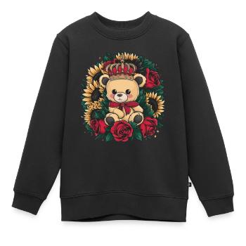 Ours en peluche kawaii avec couronne, roses et tournesols - Sweat Premium enfant bio - noir - Devant - AI Model Kid Female (0cm)