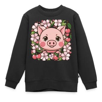 Süßes Kawai Schwein mit Sakura Kirschblüten - Kinder Premium Organic Sweatshirt - Schwarz - Vorne - AI Model Kid Female (0cm)