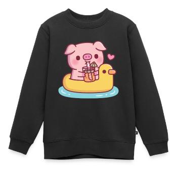 Cochon mignon buvant du jus d’orange sur le flotteur de la piscine de canard - Sweat Premium enfant bio - noir - Devant - AI Model Kid Female (0cm)