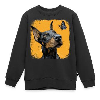 Drôle de doberman et de papillon sur orange - Sweat Premium enfant bio - noir - Devant - AI Model Kid Female (0cm)
