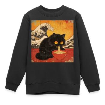 Japon Cat Ramen Nouilles Motif Vague Rétro - Sweat Premium enfant bio - noir - Devant - AI Model Kid Female (0cm)