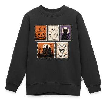 Halloween Gruslige Briefmarken Kürbis Geist Katze  - Kinder Premium Organic Sweatshirt - Schwarz - Vorne - AI Model Kid Female (0cm)